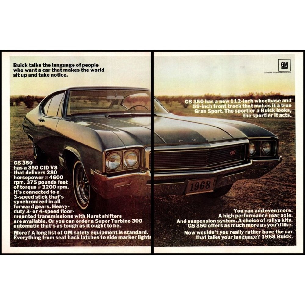 1968 Buick GS 350 Gran Sport 2 Door Classic Car 2 Page Vintage Print Ad Art